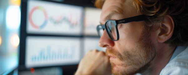Intense Businessman Analyzing Competitive Analytics on Computer Screen in Office Setting