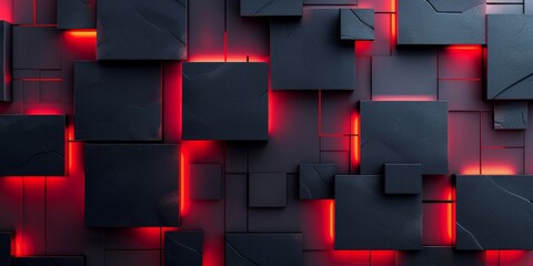 Abstract Red Neon Light On Black Blocks