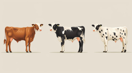 Illustration featuring three different cow breeds: brown, black and white, and black and white spotted, showcasing cattle diversity.