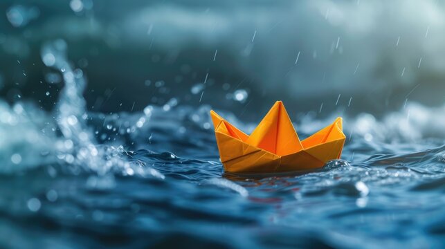 Paper Boat in the Storm: A small orange paper boat bravely navigates through choppy waters, symbolizing resilience and hope in the face of adversity.