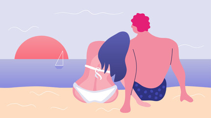 Romantic couple sitting at the beach and watching sunset. Man and woman in swimwear.