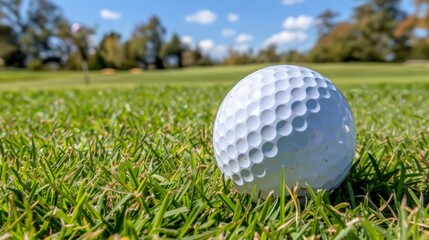 Fototapeta premium Close-up of a golf ball on a sunny day at the course