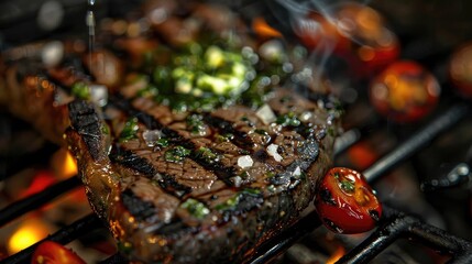 A juicy, grilled steak with a herb garnish sizzling on a barbecue grill with charred tomatoes during outdoor cooking.