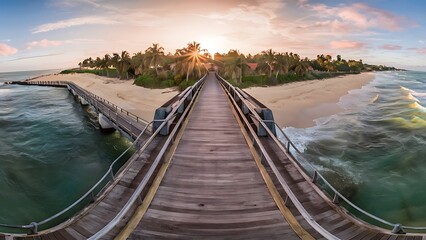 Obraz premium Panorama view of footbridge to the beach at sunrise Key West, Florida
