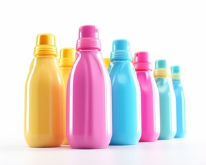 Colorful plastic bottles with lids in row. Cartoon 3d isolated illustration on white background. 