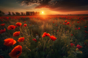 Beautiful field with blooming poppies at sunset.
