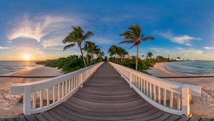 Panorama view of footbridge to the beach at sunrise Key West, Florida