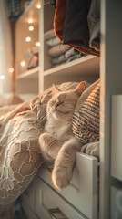 Adorable Cat Sleeping Comfortably in Cozy Bed with Warm Lighting and Soft Textures for Peaceful Home Decor Inspiration
