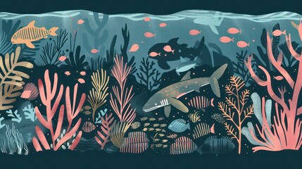 The image showcases a vivid underwater world with diverse marine life, including fish, corals, and plants, depicted in an artistic and whimsical style.