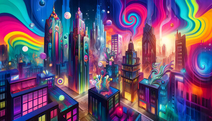 Obraz premium Colorful, psychodelic cityscape