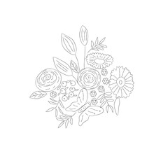 Floral line art. Decorative floral element for frame design. Vintage hand drawn flower and butterfly isolated on white background.