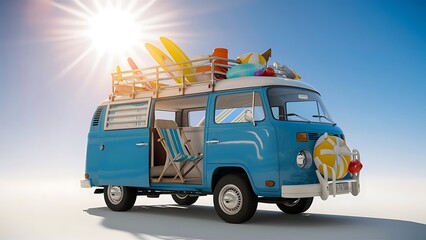 Blue van with deck chair and beach accessory 3D Rendering