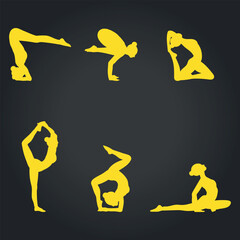 Yoga exercises. Silhouettes of a girl doing yoga. Vector on black background 