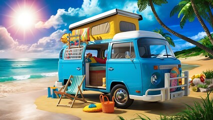 Blue van with deck chair and beach accessory 3D Rendering