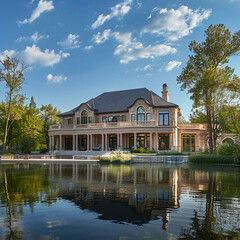 Obraz premium Elegant Estate Located by a Tranquil Lakeside, Exterior View