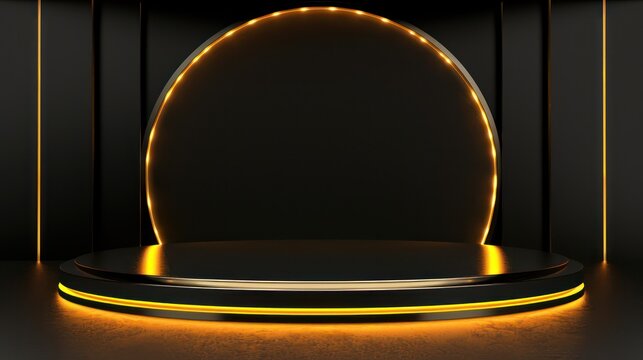 stage with a circular glowing light in a black and gold theme, perfect for luxurious presentations or events, exuding elegance and sophistication throughout the design.