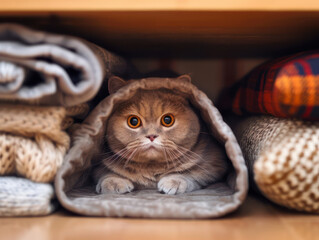 Naklejka premium Cozy Cat in a Blanket Adorable Orange Cat Relaxing and Peeking Out from a Warm, Cozy Blanket Nestled Among Soft, Folded Knitted Sweaters in a Cozy Home Environment
