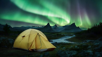 glowing yellow camping tent under a beautiful green northern lights aurora