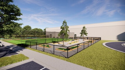 Fototapeta premium A vibrant green mini golf course with wooden features and a creatively landscaped area surrounded by a fence