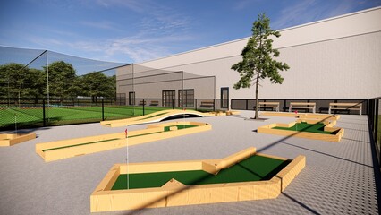 bright green mini golf course with wooden elements, complete with landscaping and enclosed by a fence