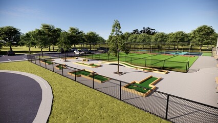 mini golf course with lush green turf, wooden details, and a landscaped area, all fenced in