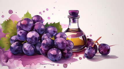 Watercolor painting of a bunch of purple grapes and a bottle of balsamic vinegar, evoking freshness and culinary delight.