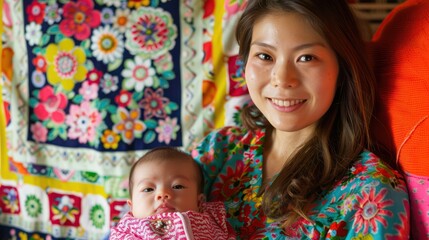 Fototapeta premium A joyful mother holds her baby, wrapped in a pink blanket, while sitting against a colorful, floral patterned background, creating a warm and lively atmosphere.