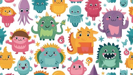 Fototapeta premium Vector cute doodle monsters seamless pattern
