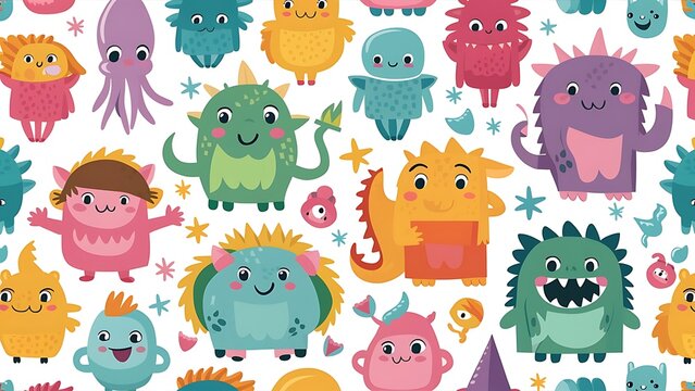 Vector cute doodle monsters seamless pattern