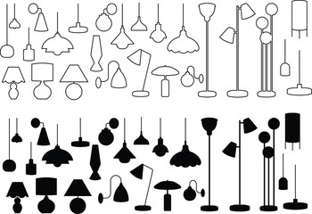 Set of Light and house floor lamp line, flat icons. Home bedroom lamp, House furniture vector editable stock. Office interior electric pictogram For Personal, Commercial Use on transparent background.