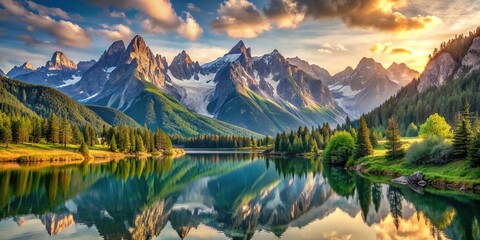 A breathtaking view of majestic mountains in a serene landscape, mountains, peak, summit, nature, scenery, panoramic