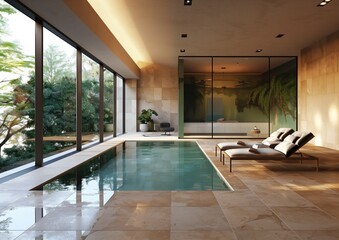 Modern Indoor Pool with Sun Loungers in Luxury Villa. Generative AI.