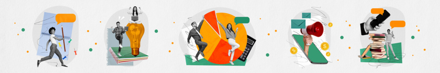 Sketch image photo collage of horizontal panorama collection workspace coworking team man lady megaphone work book read idea solution