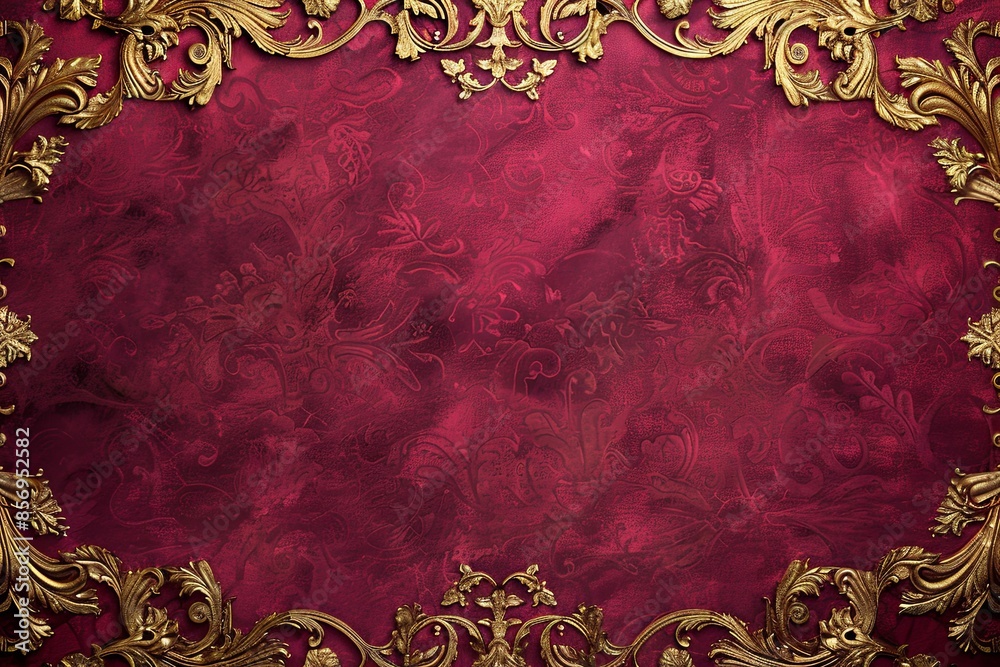 Sticker Crimson Velvet Background: A luxurious crimson velvet background adorned with gold baroque stucco designs