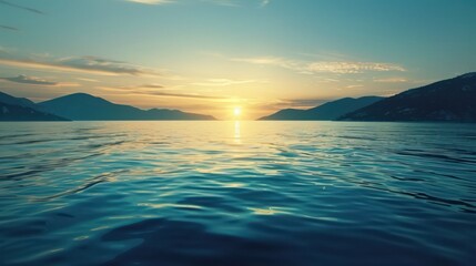 sunset over calm blue waters with silhouetted mountains in the background, creating a serene and peaceful atmosphere.