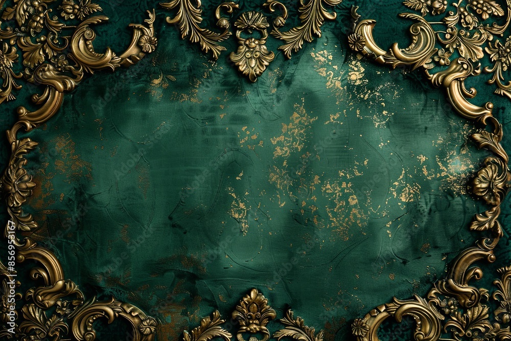 Poster Emerald Green Velvet Background: An opulent emerald green velvet background embellished with gold baroque stucco designs