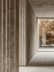 Modern concrete corridor with textured columns and natural light.