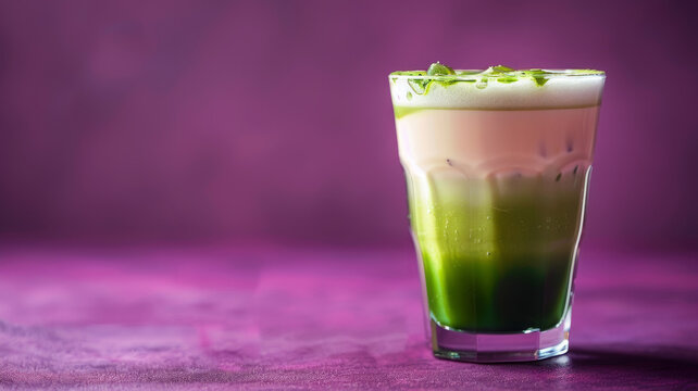 Iced matcha latte in a glass with a purple background.