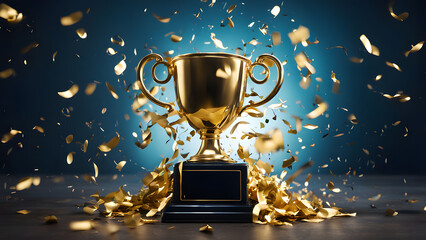 A gold trophy is surrounded by gold confetti