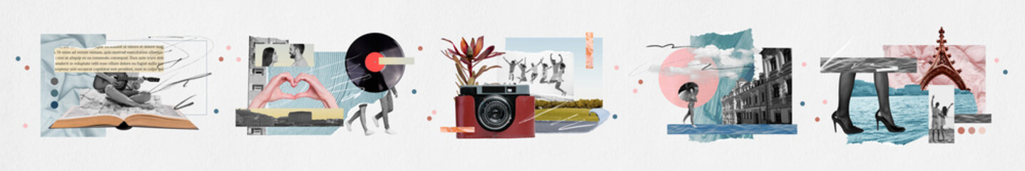 Sketch image photo collage of horizontal panorama collection street architecture draw outdoors young man lady travel music vinyl read book