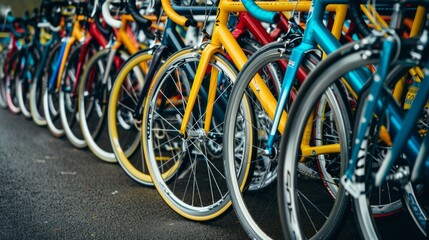 Colorful Bicycle Row in Urban Setting with Vibrant Atmosphere