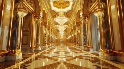 Obraz premium A luxurious hallway adorned with gold accents, opulent chandeliers, intricate marble flooring, and grand pillars, creating a sense of elegance and grandeur in a palace setting.