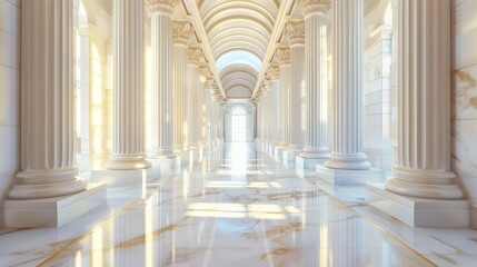 tall white pillars, an arched ceiling, and luxurious marble floors, bathed in soft sunlight. The atmosphere is regal and serene.