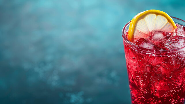 Red fizzy drink with ice and a lemon slice in a glass.
