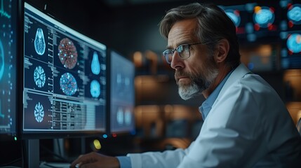 Senior Scientist Analyzing Brain Scans on Computer in Late Night Lab