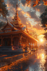 A majestic temple in a 3D scene with the sun rising behind, casting long shadows,