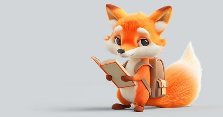 Obraz premium Cute fox character engrossed in reading on pink background.