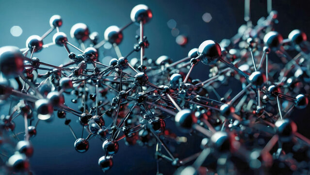 An atomic structure or a molecular model, central glowing nucleus surrounded by orbiting electrons spheres connected by lines, suggesting their paths or orbits