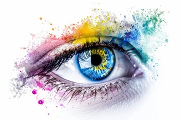 Vibrant watercolor splash on human eye close-up