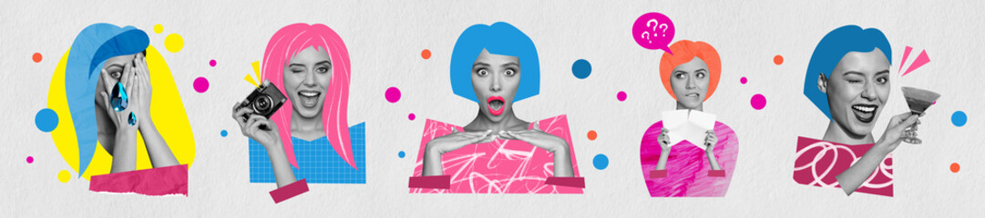 Sketch photo collage of horizontal panorama collection people portrait face emoji young lady model...